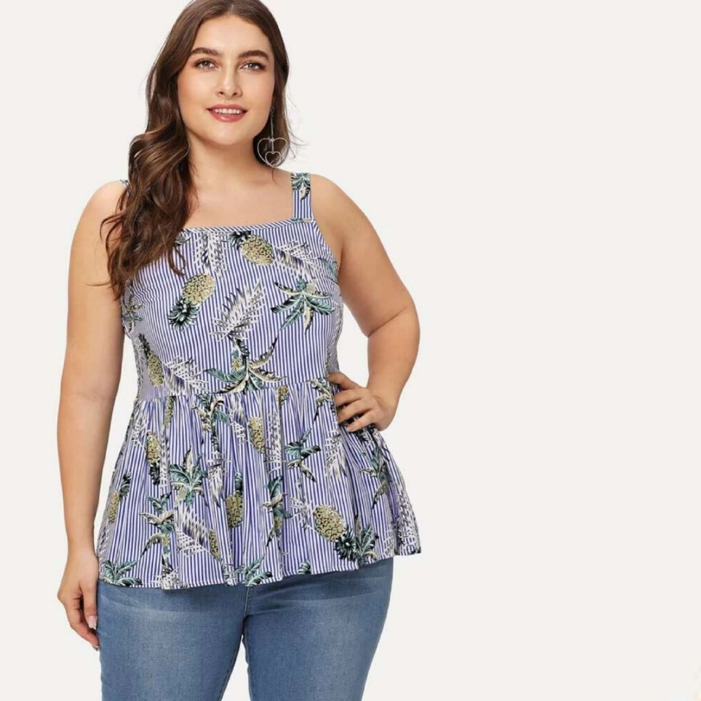 Plus Pineapple Print Striped Pep Hem Top